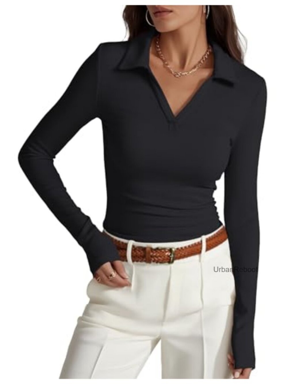 Long Sleeve Collared V-Neck Polo Shirt Ruched Fitted Business Casual